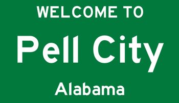 The words Welcome to Pell City Alabama on a green background