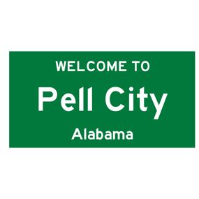 The words Welcome to Pell City Alabama on a green background