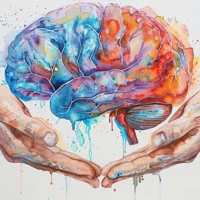 Watercolor painting of two hands holding a brain