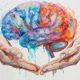 Watercolor painting of two hands holding a brain