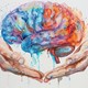 Watercolor painting of two hands holding a brain