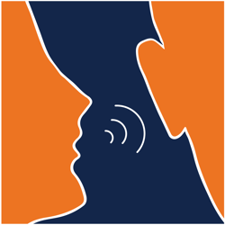 Graphic of person speaking into another person's ear