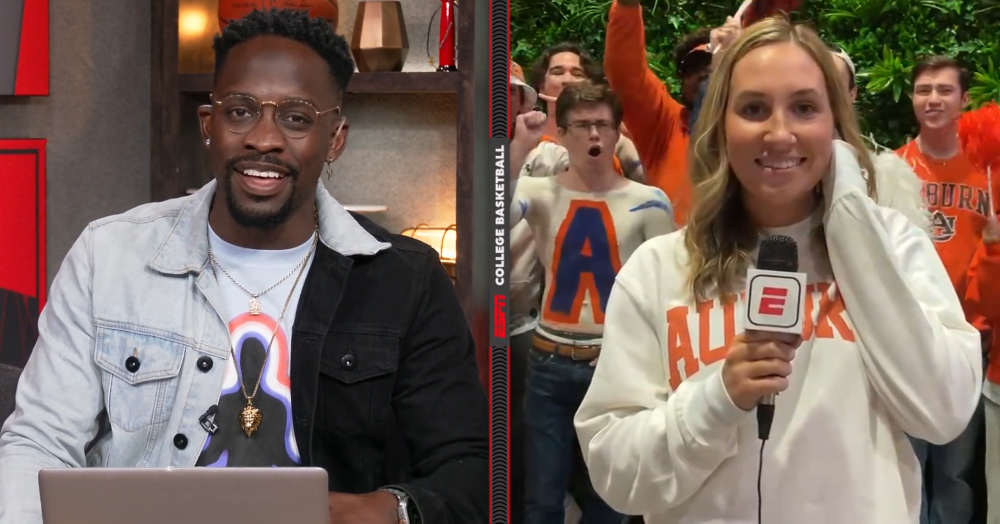 Split television screen with ESPN host and Auburn student Mikayla Kelly