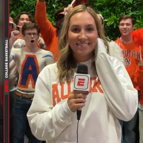 Split television screen with ESPN host and Auburn student Mikayla Kelly