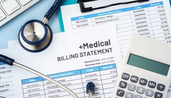 Expensive medical bills crowding a tabletop alongside a calculator and stethoscope