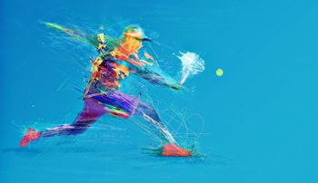 Illustrated tennis player swinging at ball