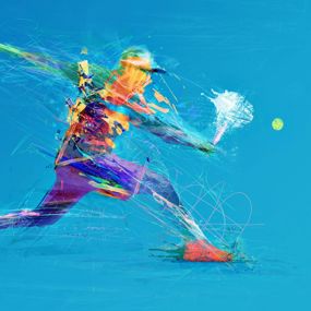 Illustrated tennis player swinging at ball