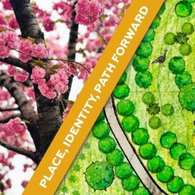 A cherry blossom tree and map of important places in the play "Vanya and Sonia and Masha and Spike" with text reading, "Place, identity, path forward"