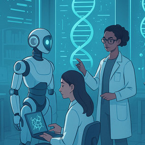 A graphic showing researchers using AI in a lab