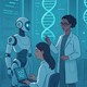 A graphic showing researchers using AI in a lab