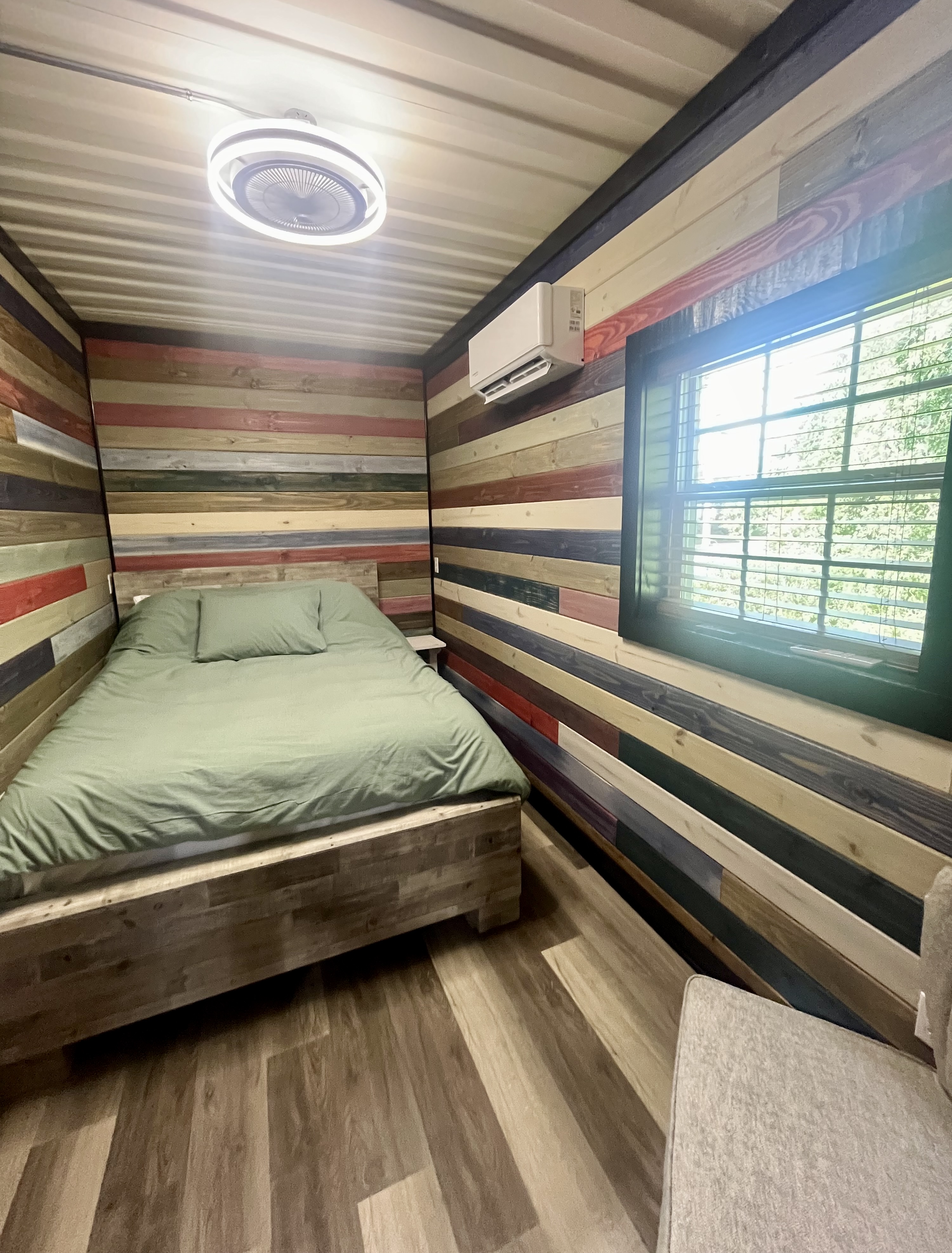 One of two bedrooms in the Airbnb constructed from empty shipping containers.
