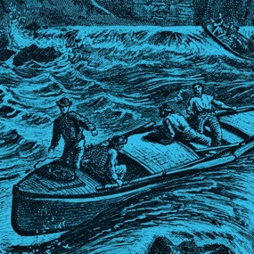 Antique, black and blue illustration of men on boats fighting crashing waves