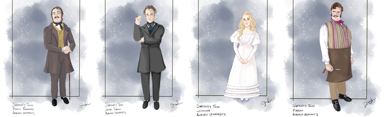 Design renderings showing characters from Sweeney Todd in Victorian era clothing
