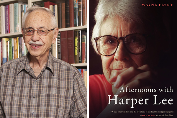 Wayne Flynt and the cover of his book Afternoons with Harper Lee