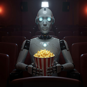 A robot holding a bucket of popcorn inside a dark movie theater
