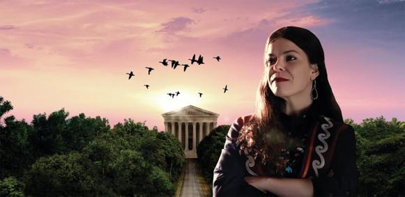 Silhouetted figure in front of a courthouse at sunset, with birds flying overhead.