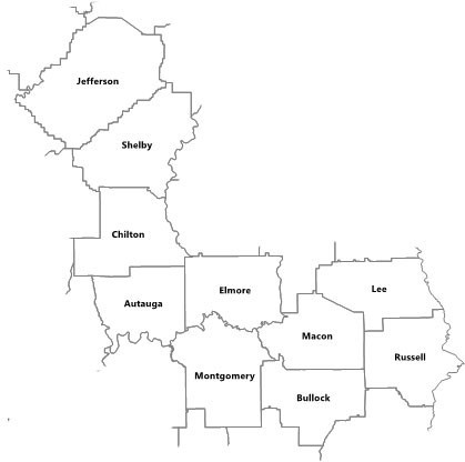 Servicing Alabama counties: Jefferson, Shelby, Chilton, Autauga, Elmore, Montgomery, Macon, Bullock, Lee, Russel