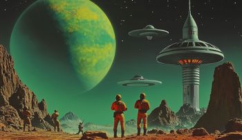 Retro poster of an alien planet with rocket ships and a giant green moon