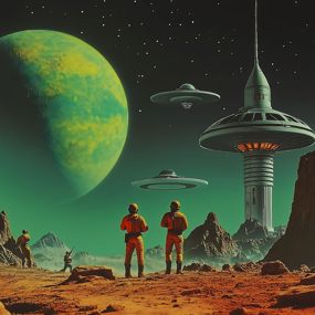 Retro poster of an alien planet with rocket ships and a giant green moon