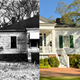 A split image of Pebble Hill, one half dark and showing disrepair in the 1970s and one half showing its bright, renovated facade that stands today