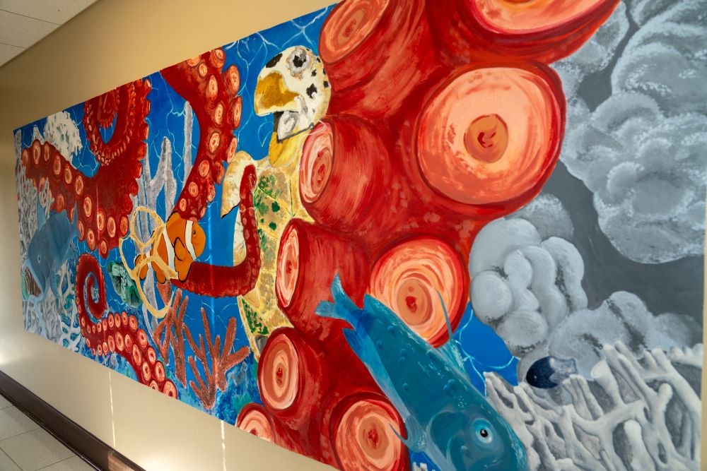 Mural depicting vibrant sea life
