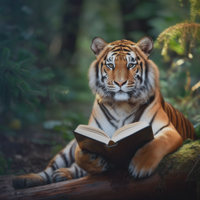 A tiger in the jungle reading a book