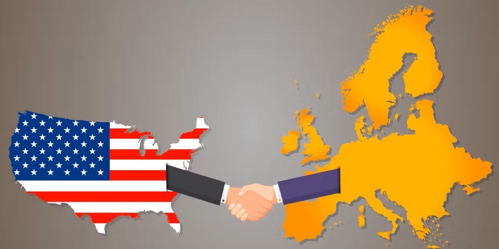 Illustration of two arms reaching from America and Europe to shake hands