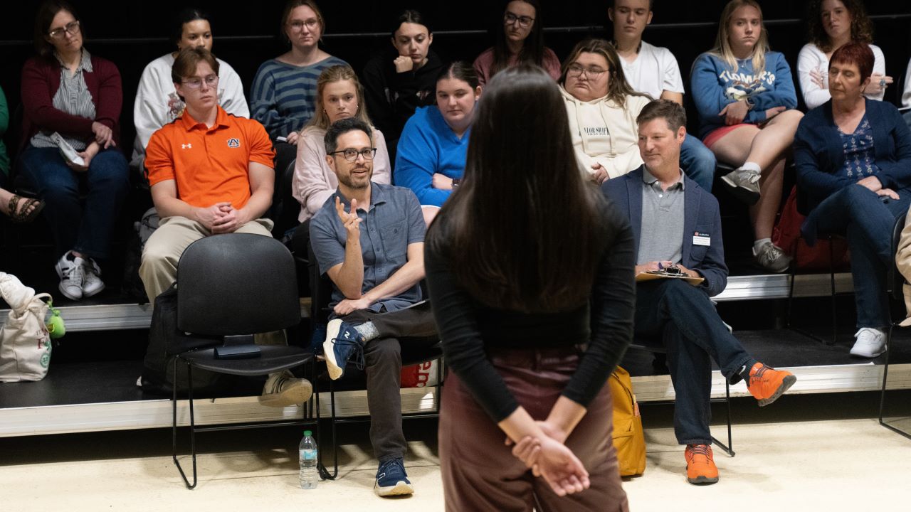 Adam Gwon giving feedback on Olivia Beland's audition during the theatre masterclass