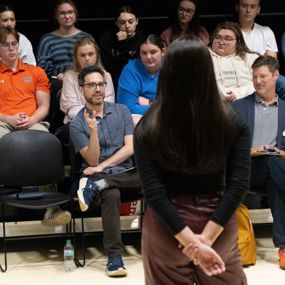 Adam Gwon giving feedback on Olivia Beland's audition during the theatre masterclass