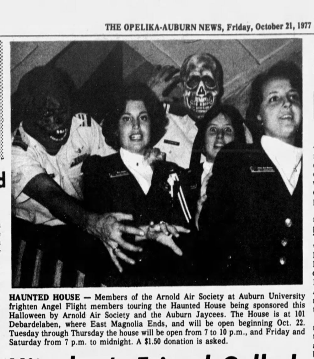 Newspaper article showing Auburn student organizers testing the haunted house