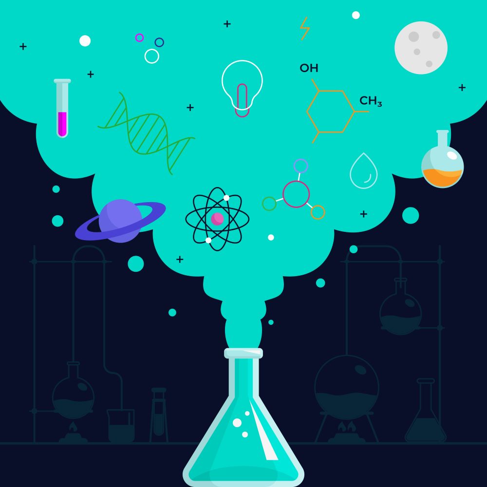 Scientific beaker producing smoke which contains icons representing different areas of science