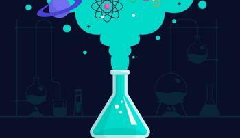 Scientific beaker producing smoke which contains icons representing different areas of science