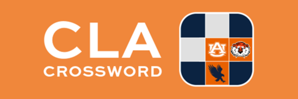 Text saying &quot;CLA Crossword&quot; with a large square and 6 smaller squares inside it. three of the squares have images in them including an auburn logo, aubie head and eagle image