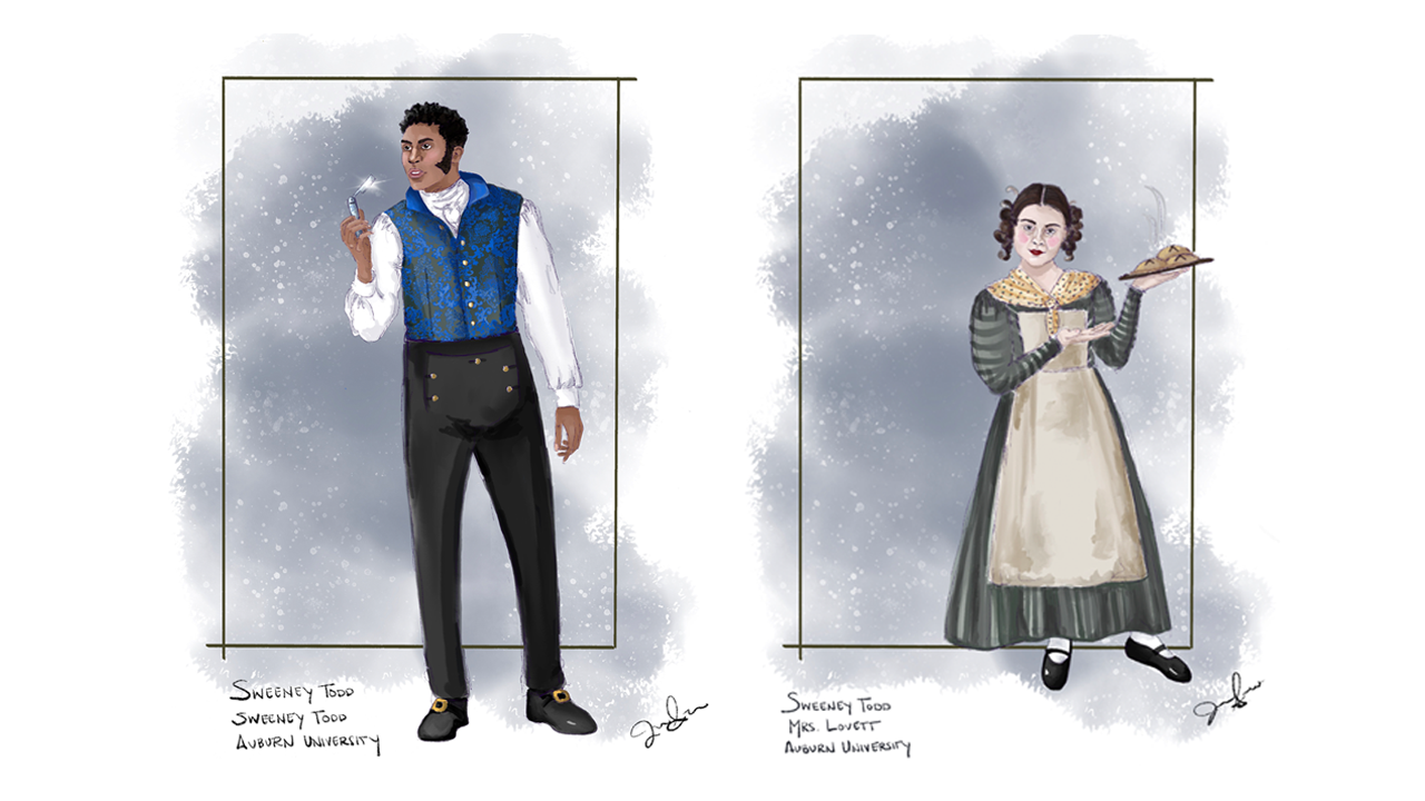 Costume design renderings for Sweeney Todd and Mrs. Lovett wearing Victorian-era clothing
