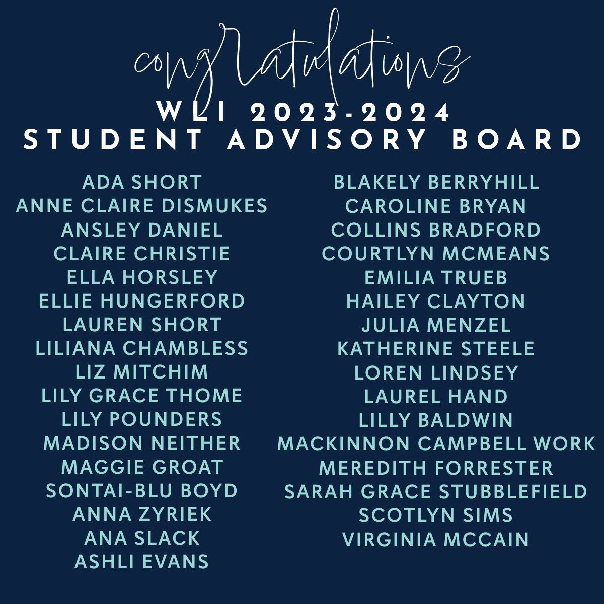 List of WLI 2023-2024 Student Advisory Board