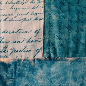 Gaddis and Finkel's sewed cyanotype pieces, stitching pieces of the Wallace Center’s history together