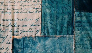 Gaddis and Finkel's sewed cyanotype pieces, stitching pieces of the Wallace Center’s history together