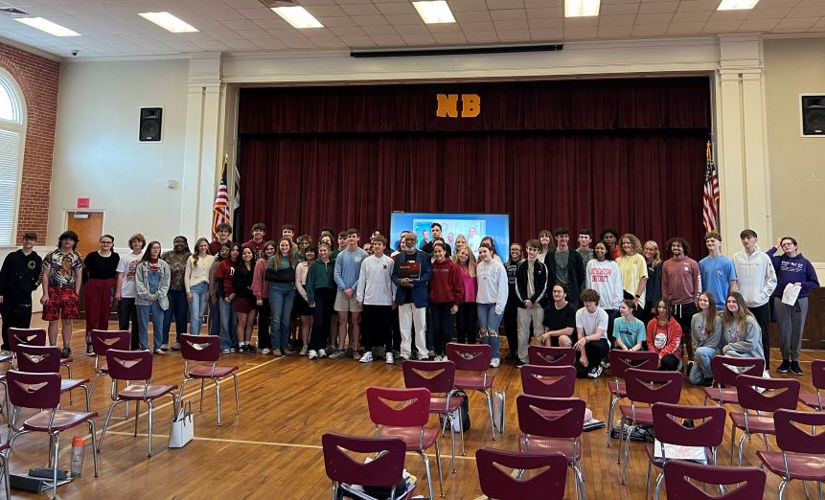 Chester Higgins with students at New Brockton High School