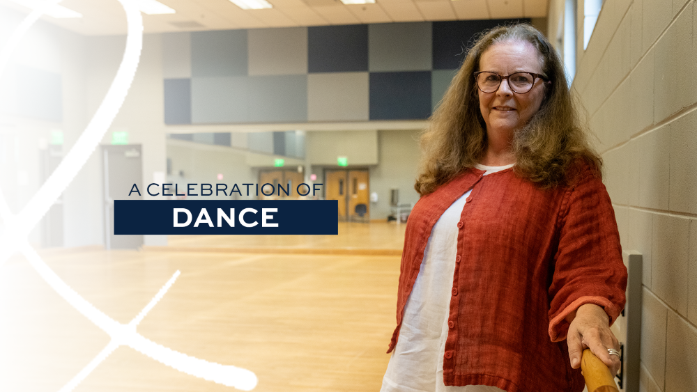 Adrienne Wilson in the dance studio with text A Celebration of Dance