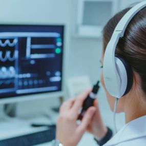 A woman wearing headphones and looking at a computer monitor displaying sound waves.  