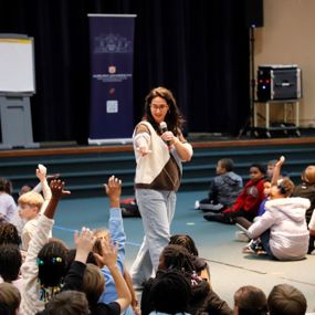 Author and illustrator Shanda McCloskey visiting with local schoolchildren