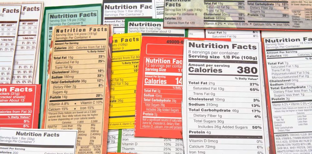 Several Nutrition Facts labels overlapping each other