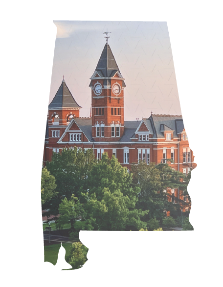 Alabama silhouette overlayed with Samford Hall