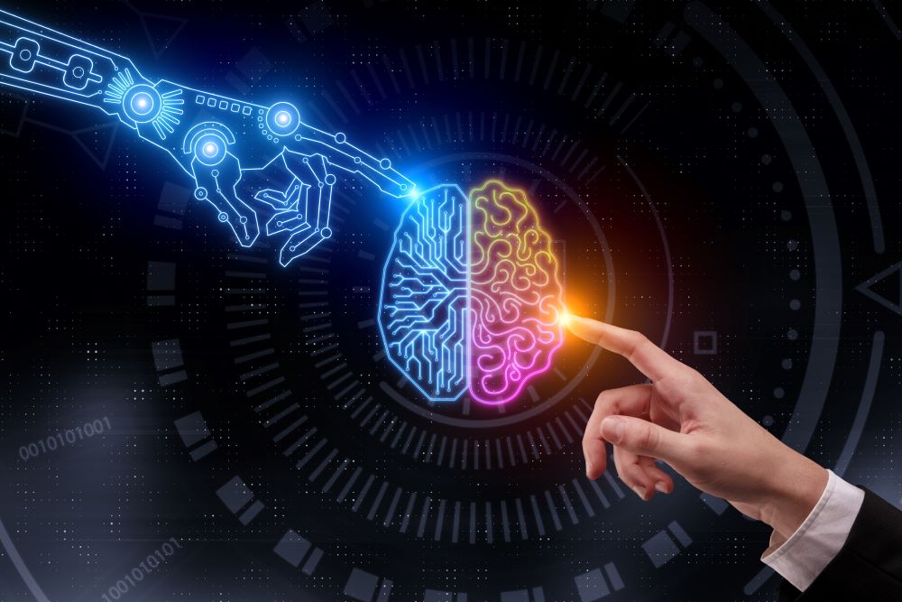 A drawing of a human brain in the center, with a human hand touching its right side and an artificial, computerized hand touching its left side