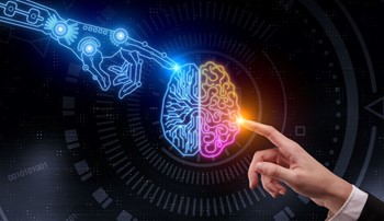 A drawing of a human brain in the center, with a human hand touching its right side and an artificial, computerized hand touching its left side