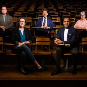 Auburn faculty Keith Hebert, Melissa Blair, Elijah Gaddis, Abdul-Khaliq Murtadha and Nan Fairley in a classroom