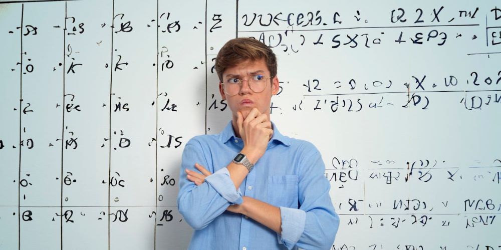 A man thinking about something in front of a classroom whiteboard