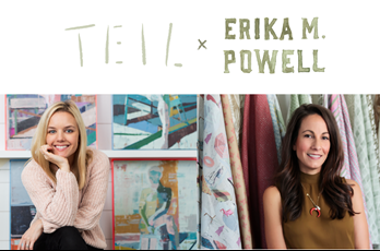 Teil Duncan Henley and Erika Powell with beach-themed paintings and textiles they collaborated on