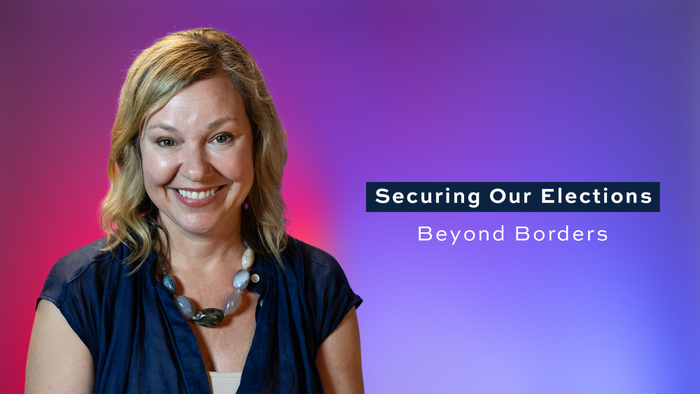 Kelly Krawczyk with text "securing our elections beyond borders"