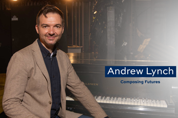 Andrew Lynch sits at a piano with title Composing Futures